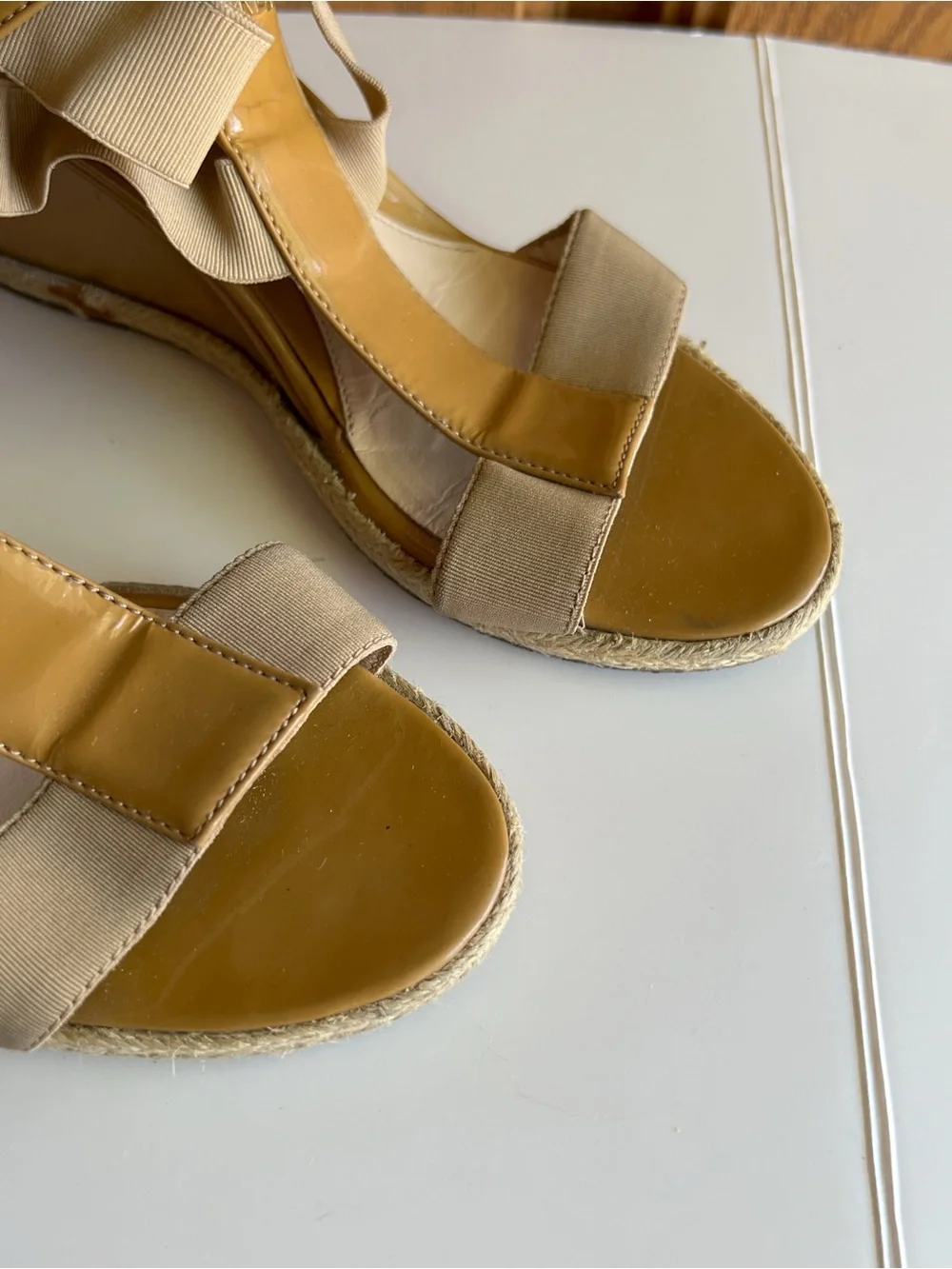 Fendi Patent Leather T-Strap Wedge Sandals Tan Beige EU 35.5